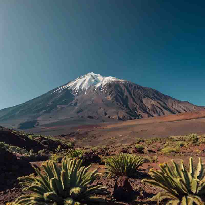 Der Nationalpark El Teide auf Teneriffa mit Kaktuspflanzen im Vordergrund und dem Vulkan Teide im Hintergrund.