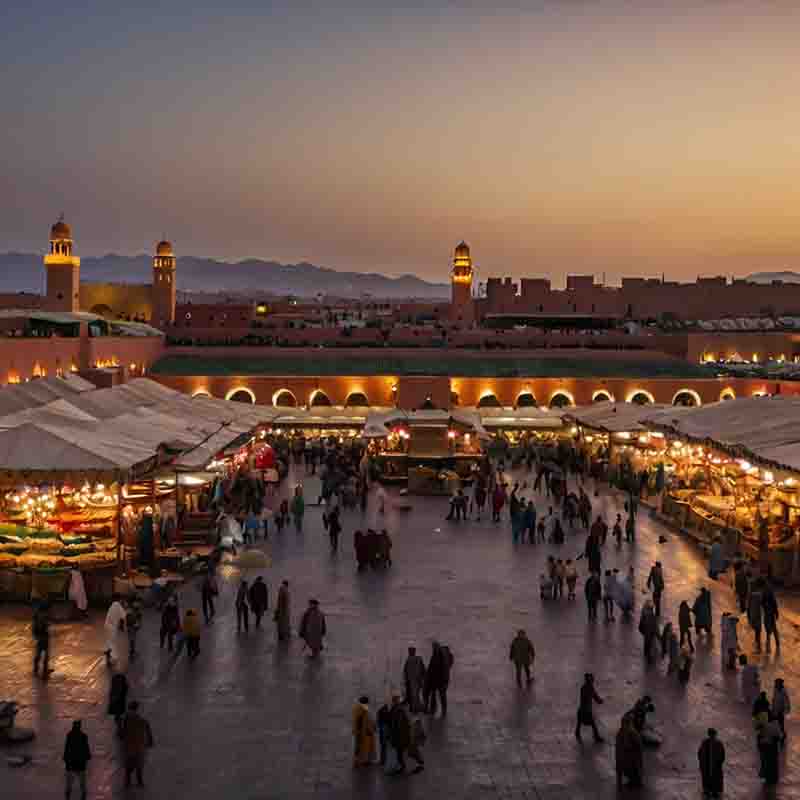 Sonnenuntergang über Marrakesch, Marokko, mit warmen Farben und silhouettierten Gebäuden im Vordergrund.