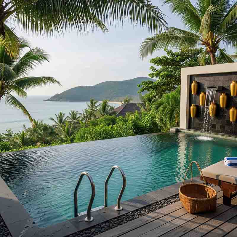 Infinity-Pool einer Villa in Vietnam mit Meerblick, umrahmt von Palmen und mit einer dekorativen Wasserfallwand.