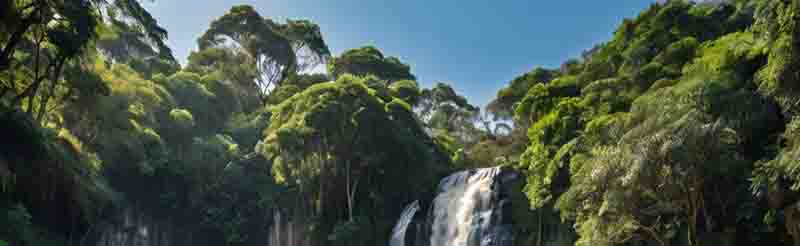 Wasserfall in tropischem Dschungel, umgeben von üppigem Grün und Felsen, strömt sanft in einen klaren Pool.