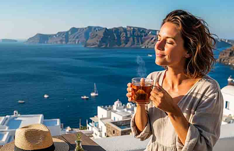 Eine Frau mit sonnengebräunter Haut sitzt auf einer sonnendurchfluteten Terrasse mit Blick auf die Ägäis. Sie hält eine Tasse mit dampfendem Zistrosentee und hat die Augen geschlossen.