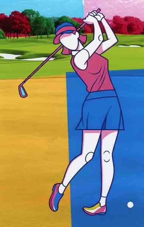 Ein Cartoon-Bild einer Golferin, die einen Schlag ausführt. Sie trägt ein pinkes Oberteil, einen blauen Rock und einen pinken Hut. Der Hintergrund ist in Gelb, Blau, Rot und Grün unterteilt und zeigt eine Golflandschaft mit Bäumen und Hügeln.