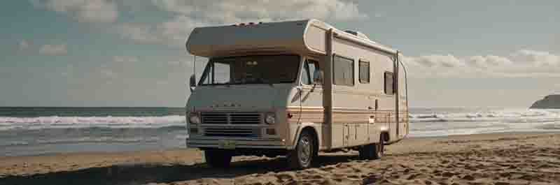 Ein Wohnmobil, das am Strand geparkt ist, umgeben von Sand und Wellen.