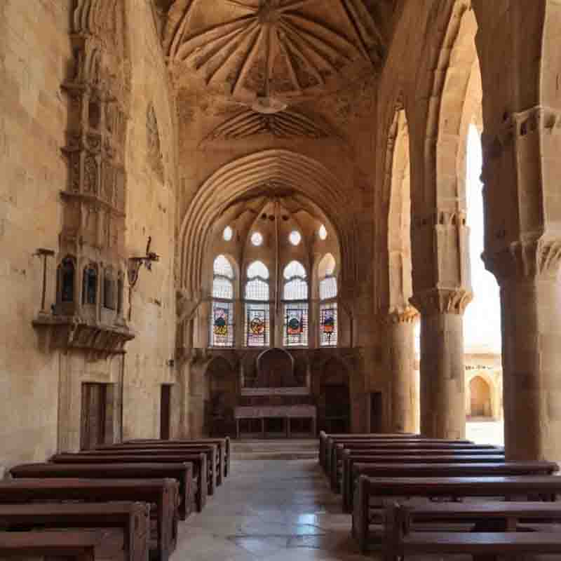 Elegantes Kircheninnere auf Zypern mit Steinwänden und majestätischen Bogenfenstern, die ein Gefühl von göttlicher Ruhe vermitteln.