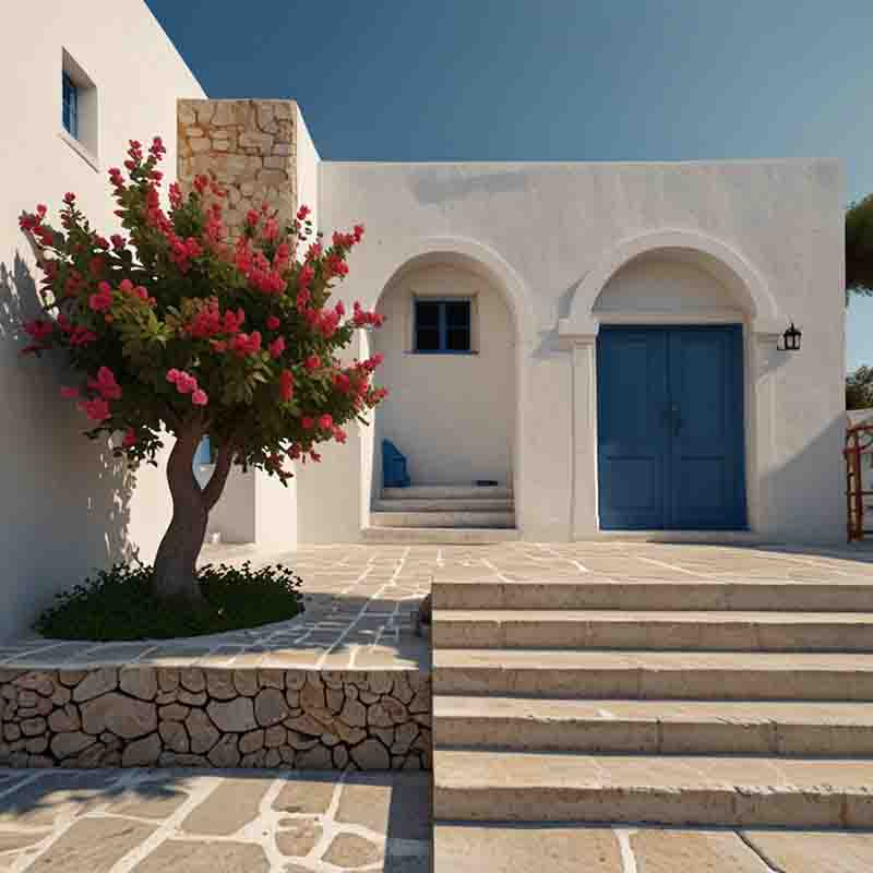 Traditionelles griechisches weißes Haus mit blauer Tür und Baum.